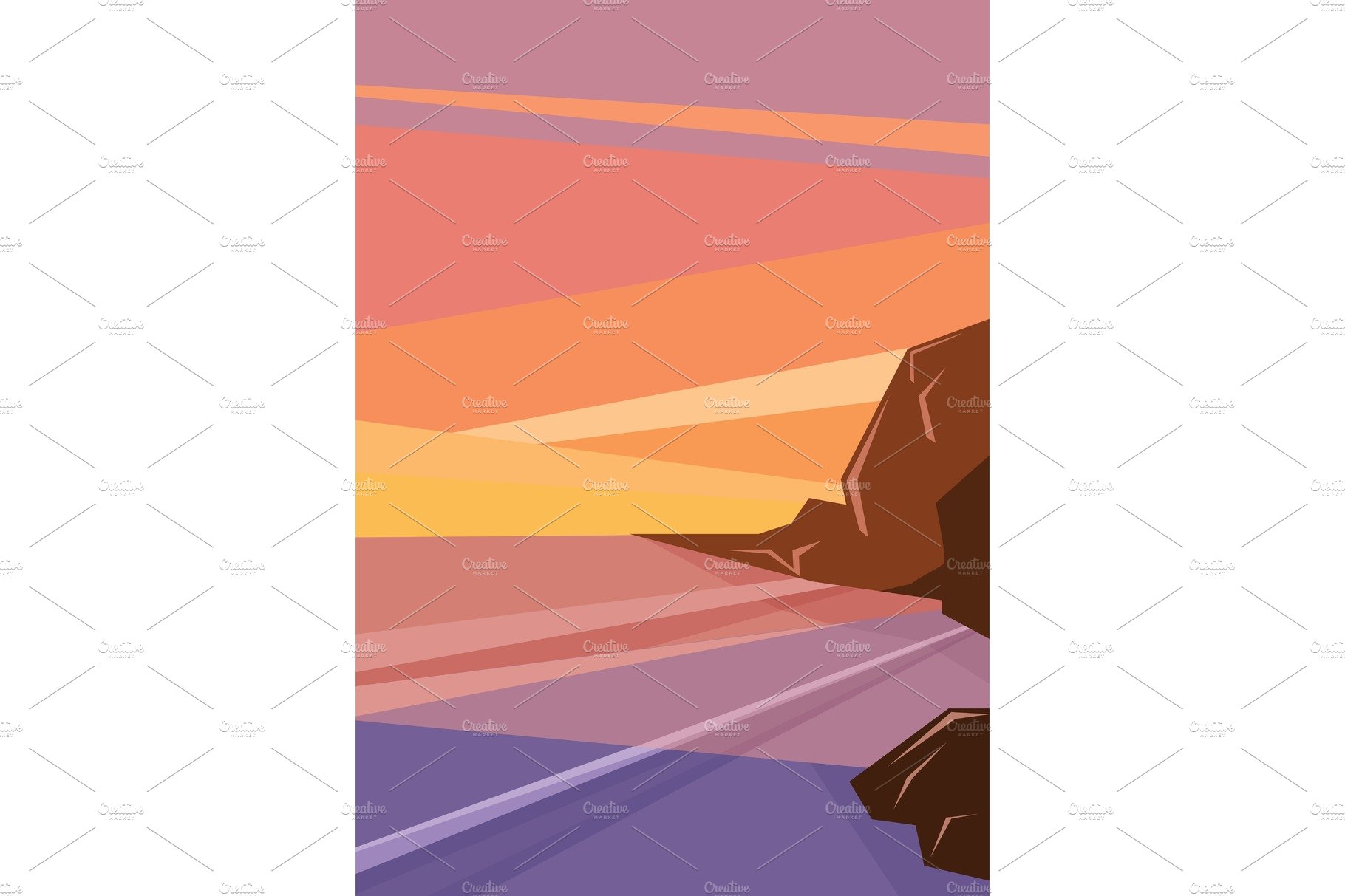 fantasy tropic ocean cost sunset with rocks on horizont cover image.