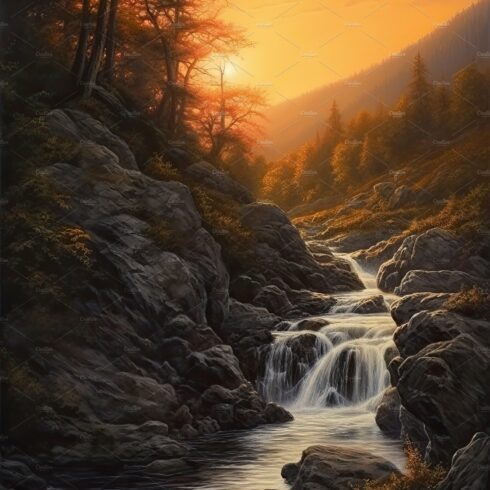 Beautiful vertical landscape with tall mountains, waterfall and a river. Ge... cover image.