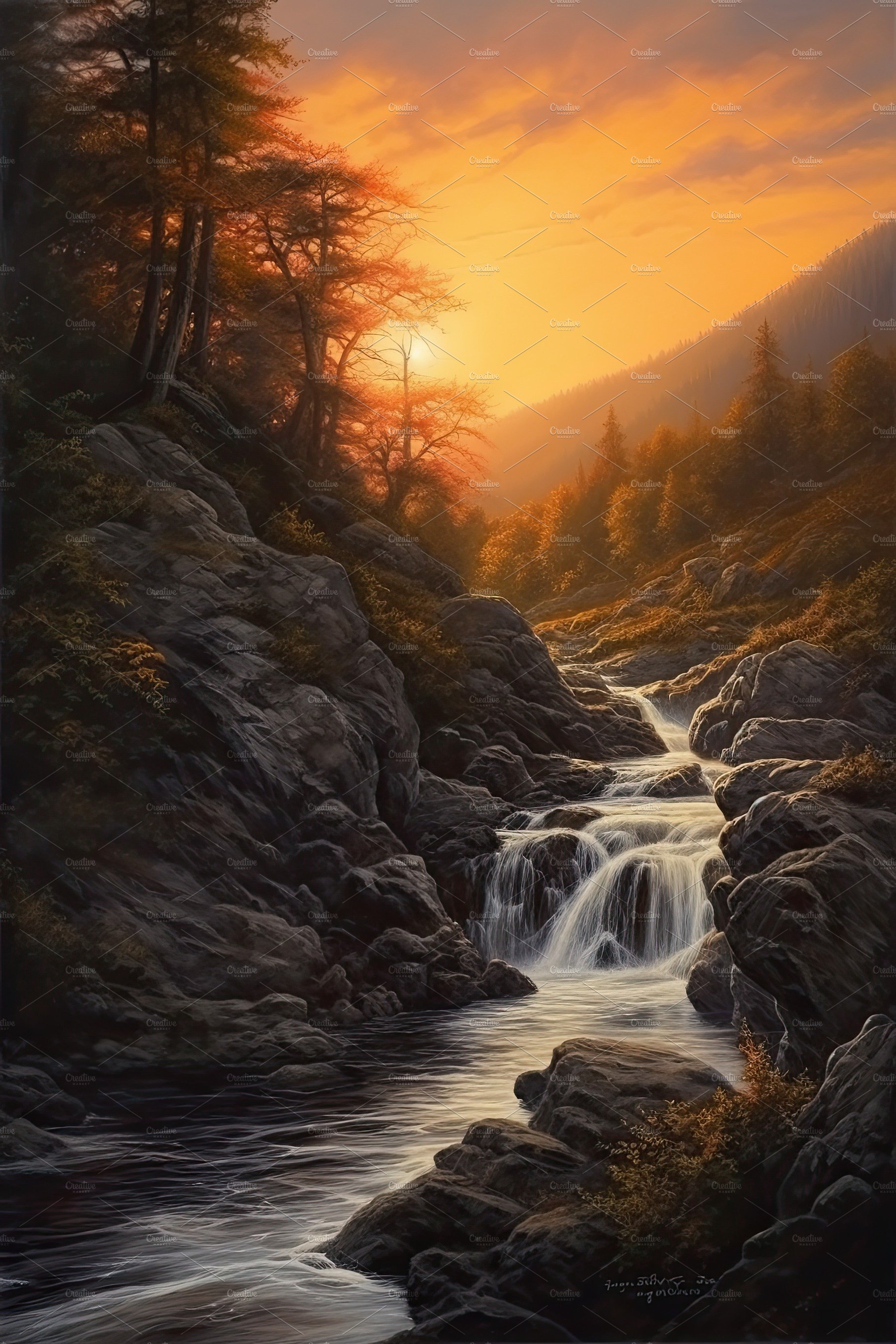 Beautiful vertical landscape with tall mountains, waterfall and a river. Ge... cover image.