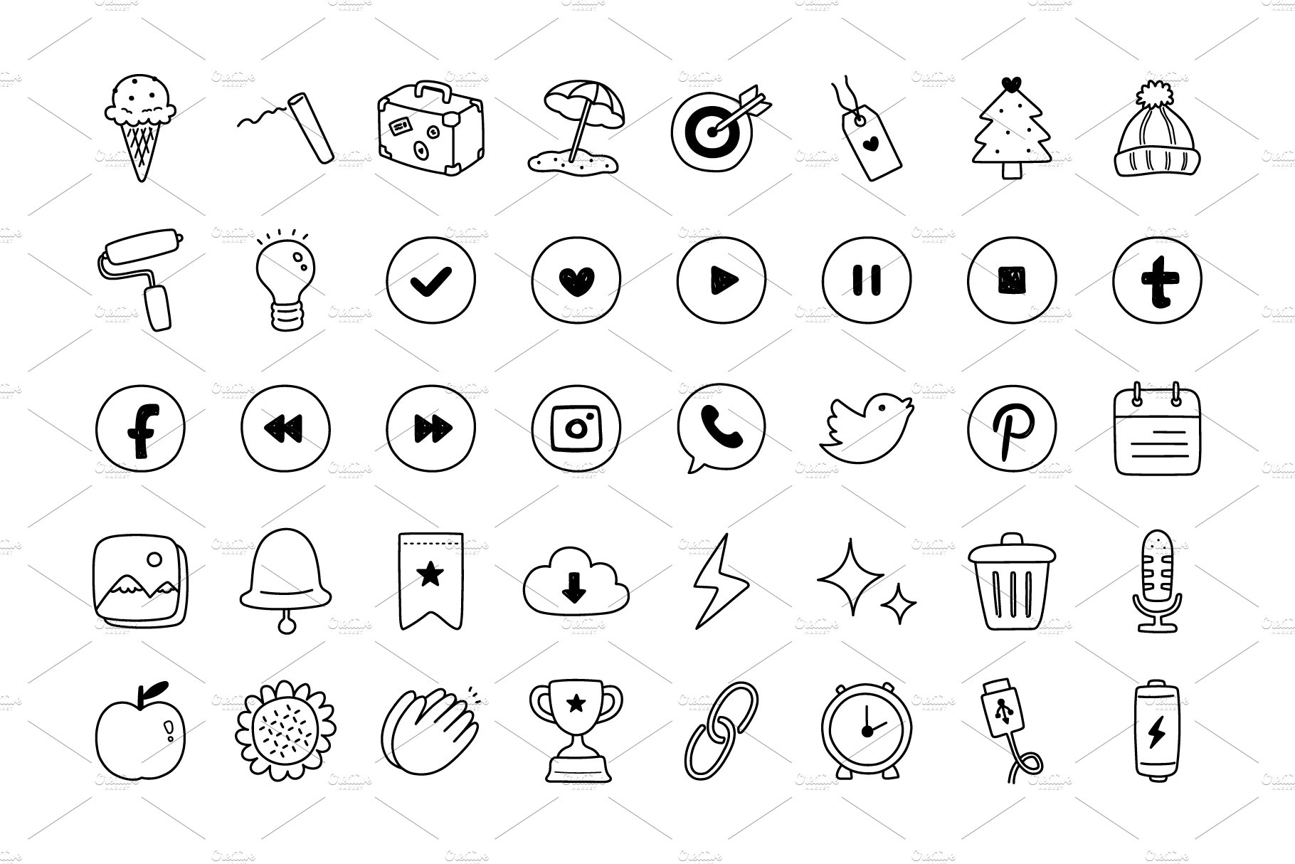 80 doodle icons set preview image.