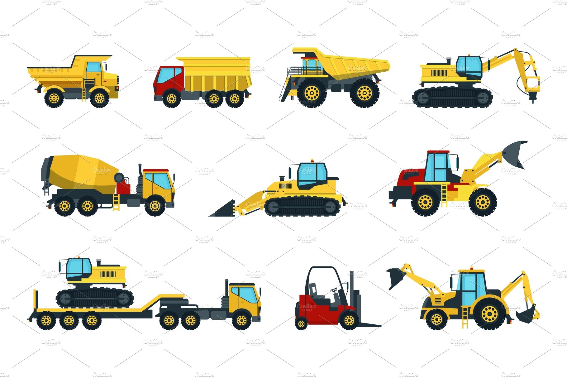 Truck, bulldozer, mixer, roller cover image.