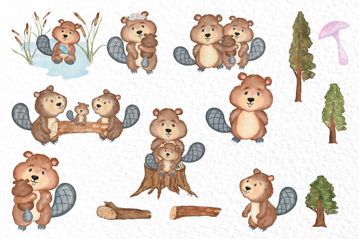 Watercolor animals Beavers clipart preview image.