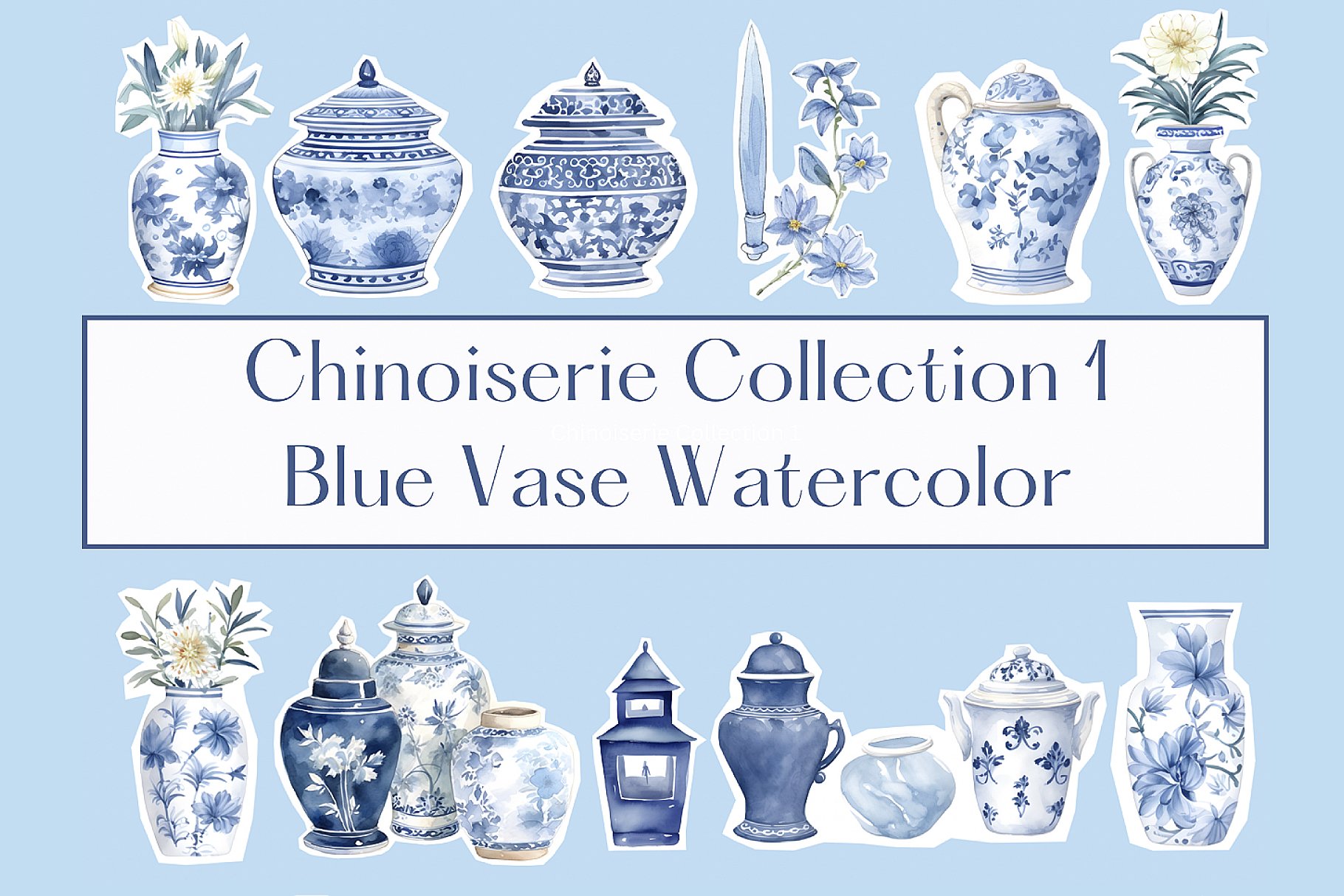 Watercolor chinoiserie vases clipart cover image.