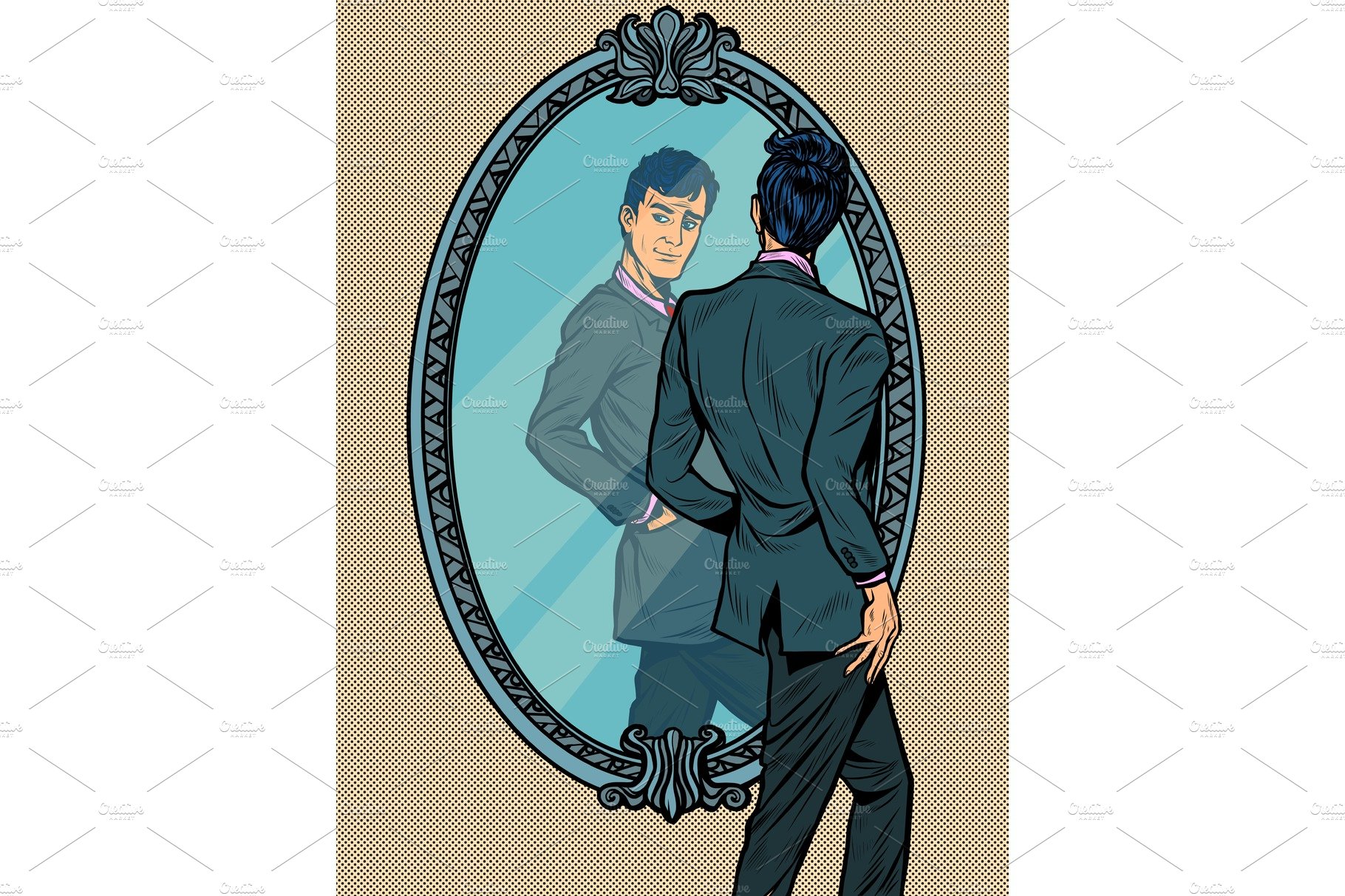 A man in a suit looks in the mirror cover image.