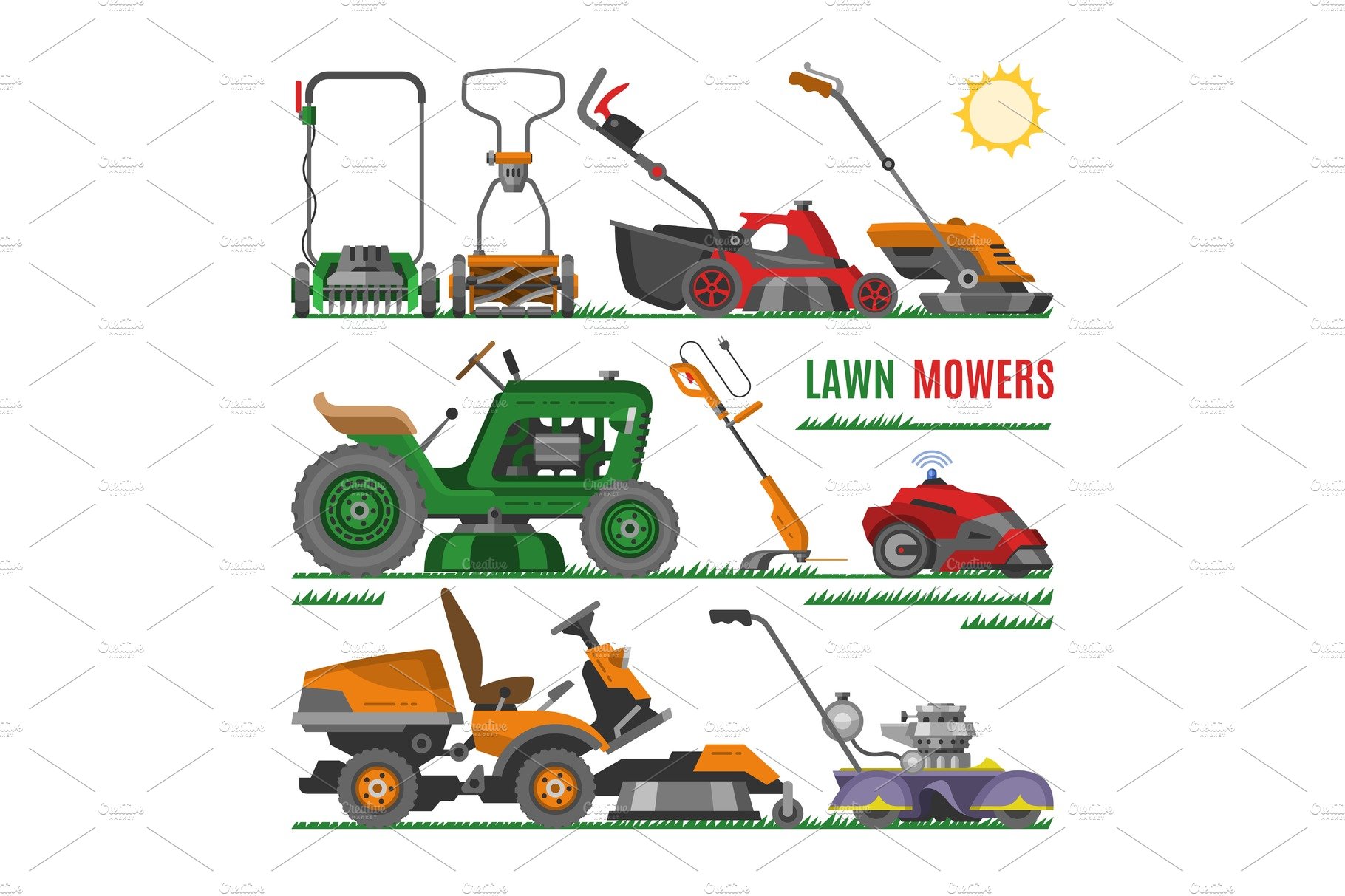 Lawn mower vector gardening cover image.