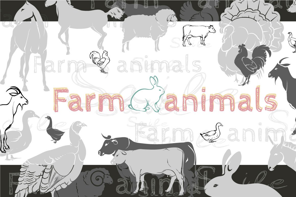 Farm, vector sketch. Collection animals such as horse, cow, bull, sheep,  pig, rooster, chicken, hen, goose, rabbit, turkey, goat Stock Vector by  ©sergeypykhonin 138512006