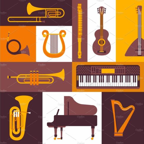 Musical instruments flat style icons cover image.