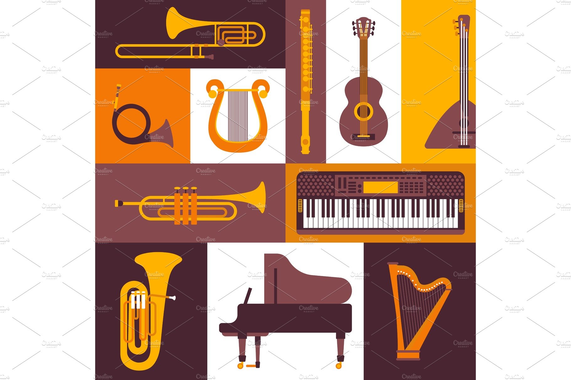 Musical instruments flat style icons cover image.