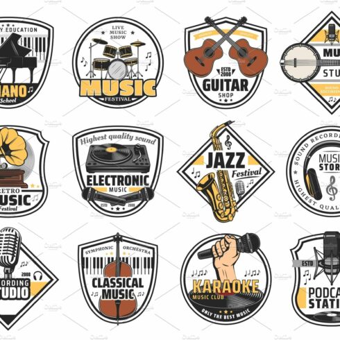 Music instruments shop icons cover image.