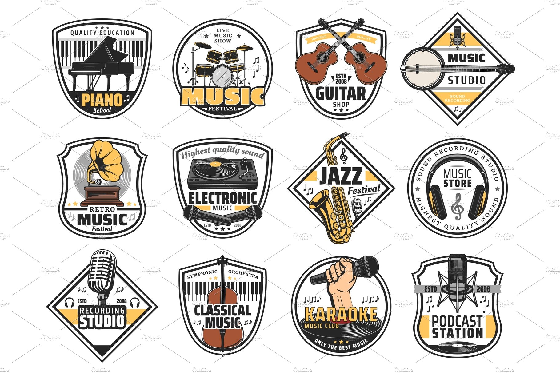 Music instruments shop icons cover image.