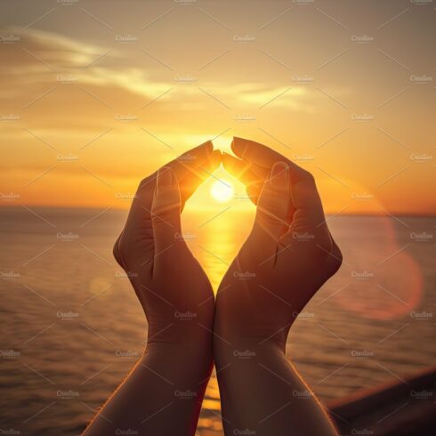 Silhouette Hands in shape of love heart at sunset or sunrise. Ge cover image.