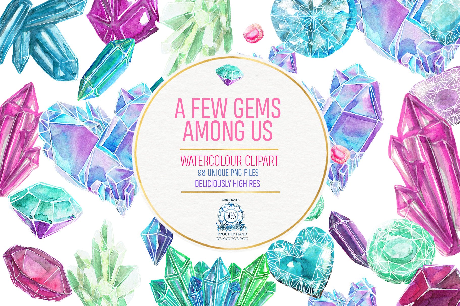 Gemstones: 98 Watercolor Clipart PNG cover image.