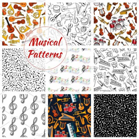 Seamless pattern of musical instruments cover image.