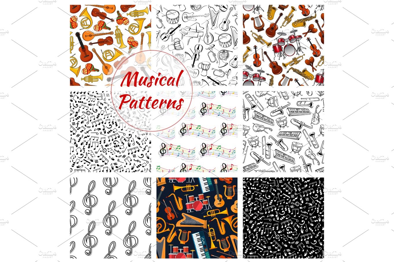 Seamless pattern of musical instruments cover image.