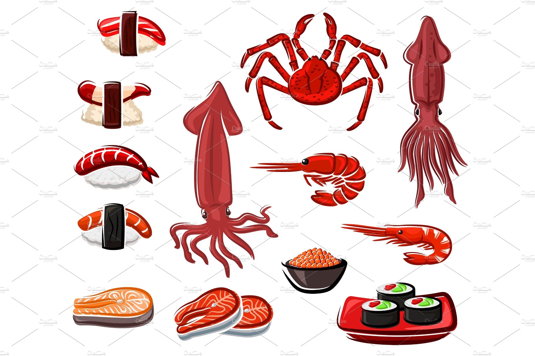 Seafood, sushi and rolls cover image.