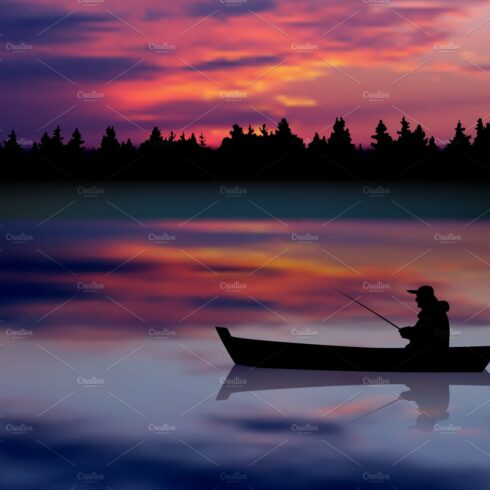 Fisherman. Sunset landscape. Vector cover image.