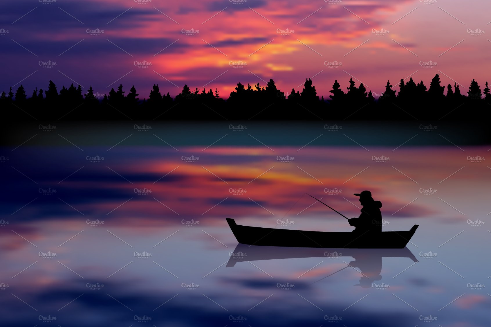 Fisherman. Sunset landscape. Vector cover image.