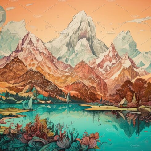 Colored illustration of a natural landscape mountains and a lake cover image.