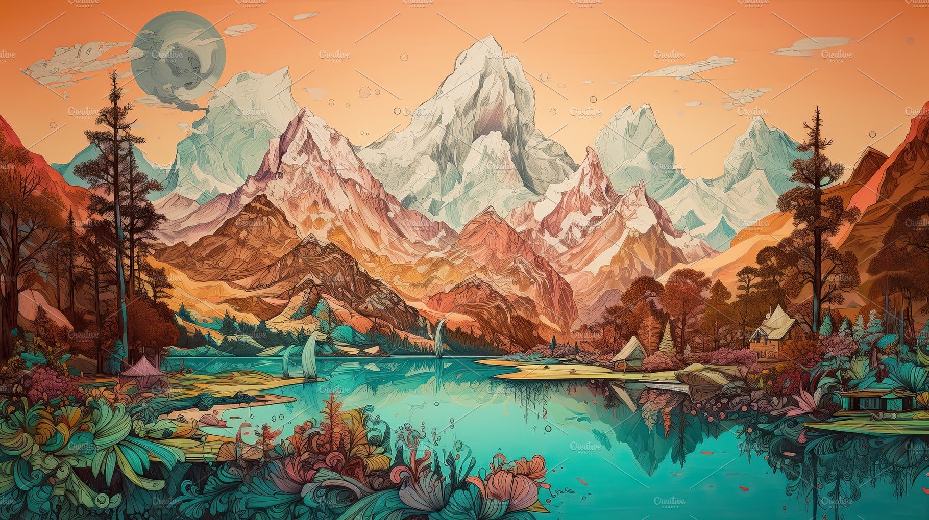 Colored illustration of a natural landscape mountains and a lake cover image.