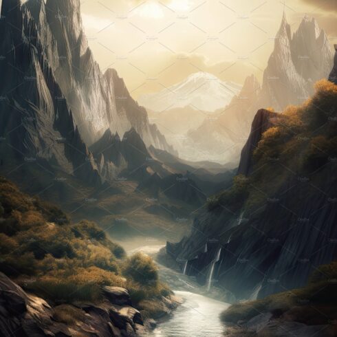 Beautiful vertical landscape with tall mountains, waterfall and a river. Ge... cover image.