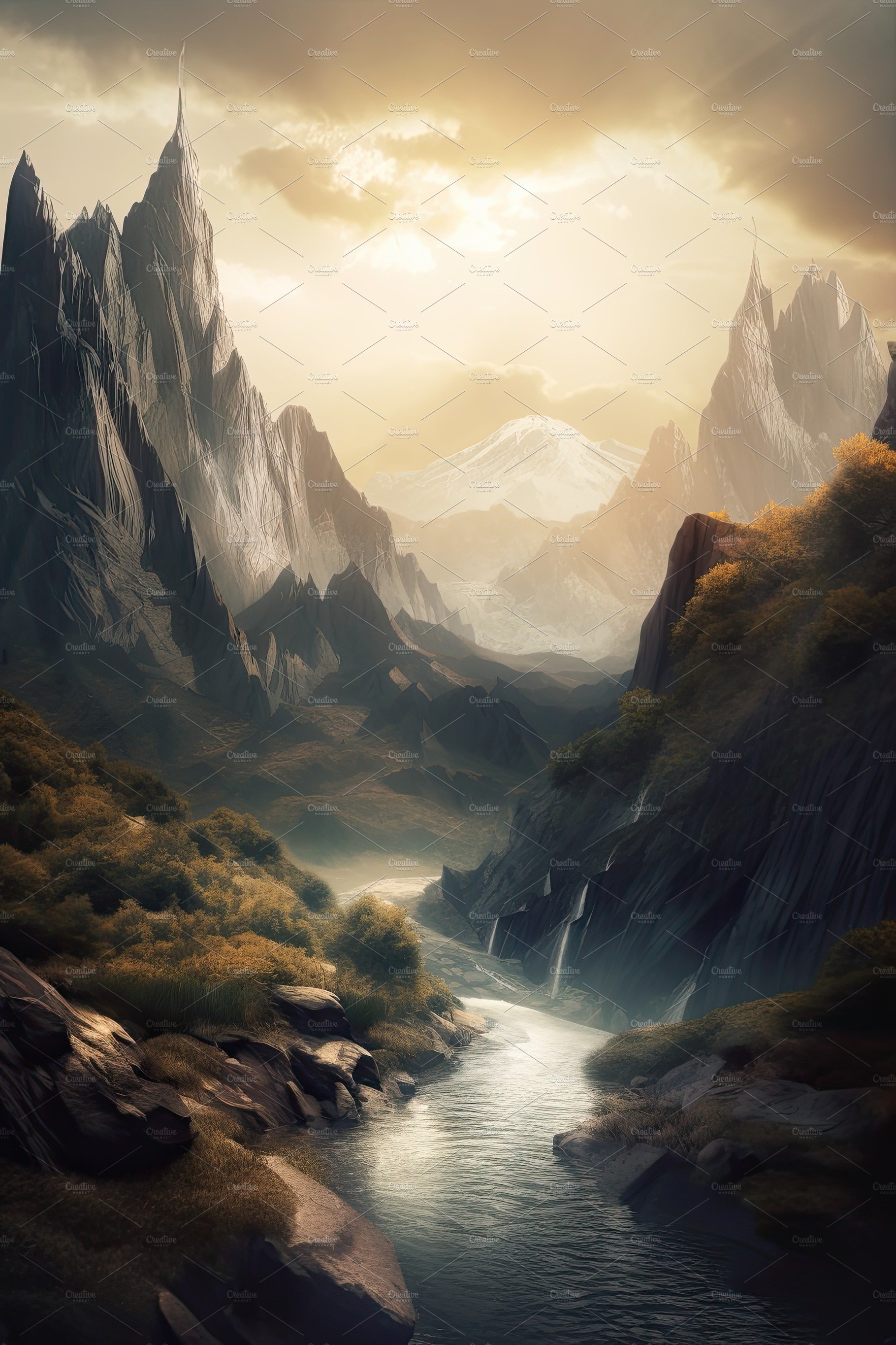 Beautiful vertical landscape with tall mountains, waterfall and a river. Ge... cover image.