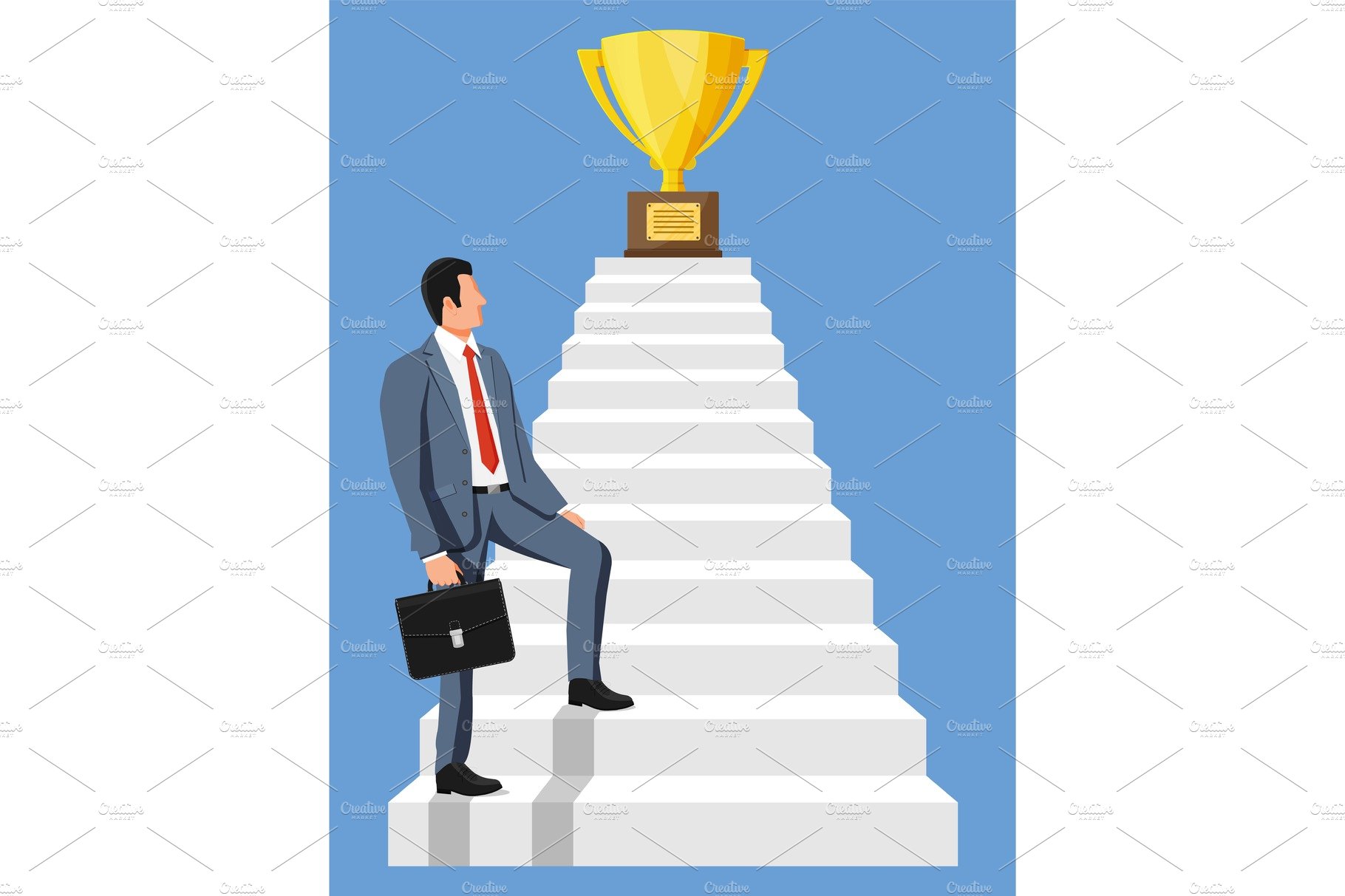 Businessman and gold trophy on cover image.