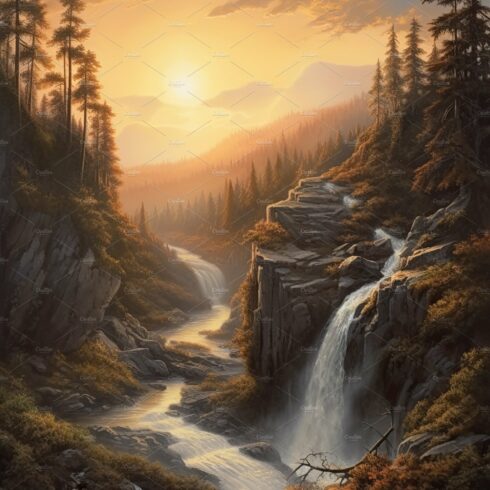 Beautiful vertical landscape with tall mountains, waterfall and a river. Ge... cover image.