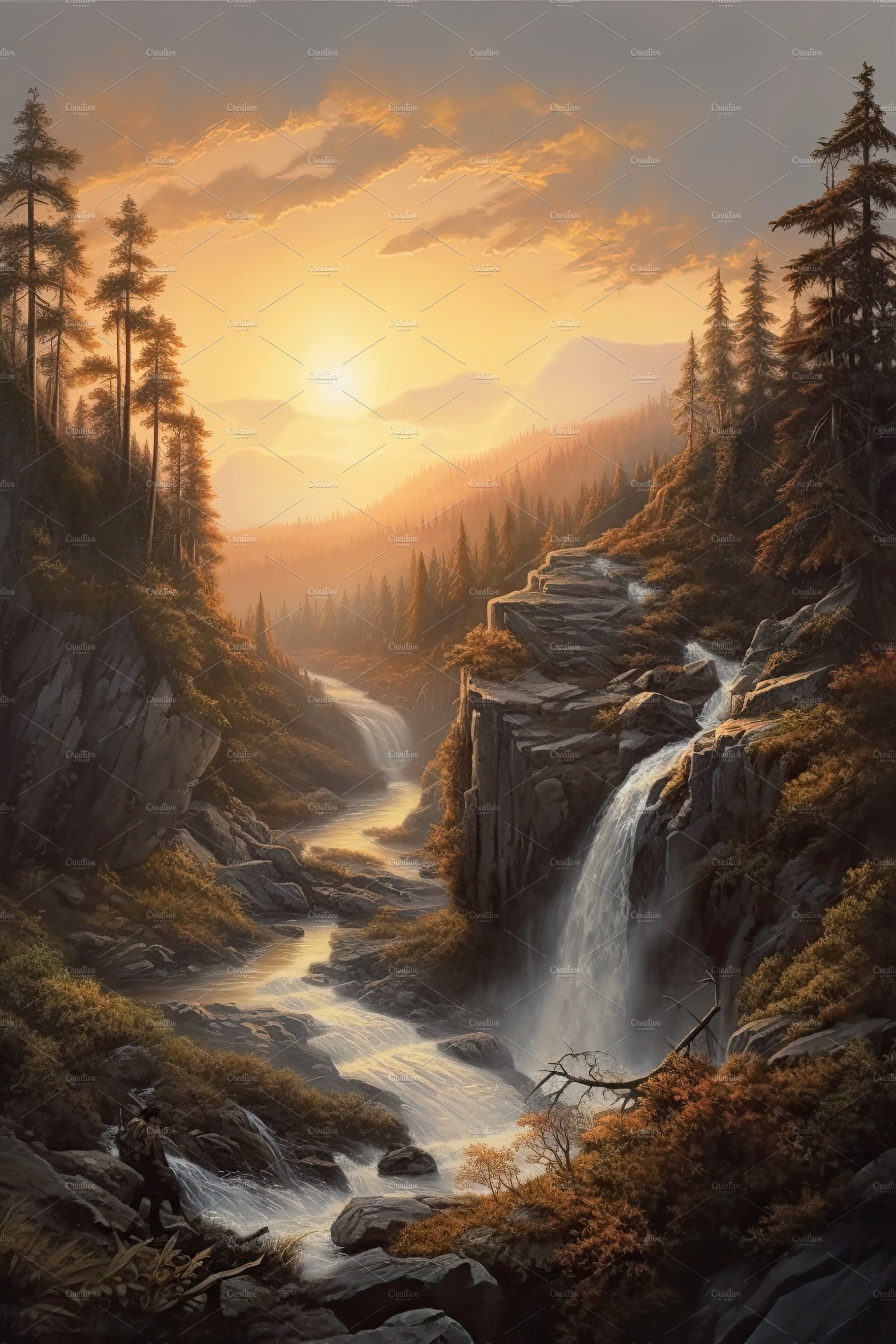 Beautiful vertical landscape with tall mountains, waterfall and a river. Ge... cover image.