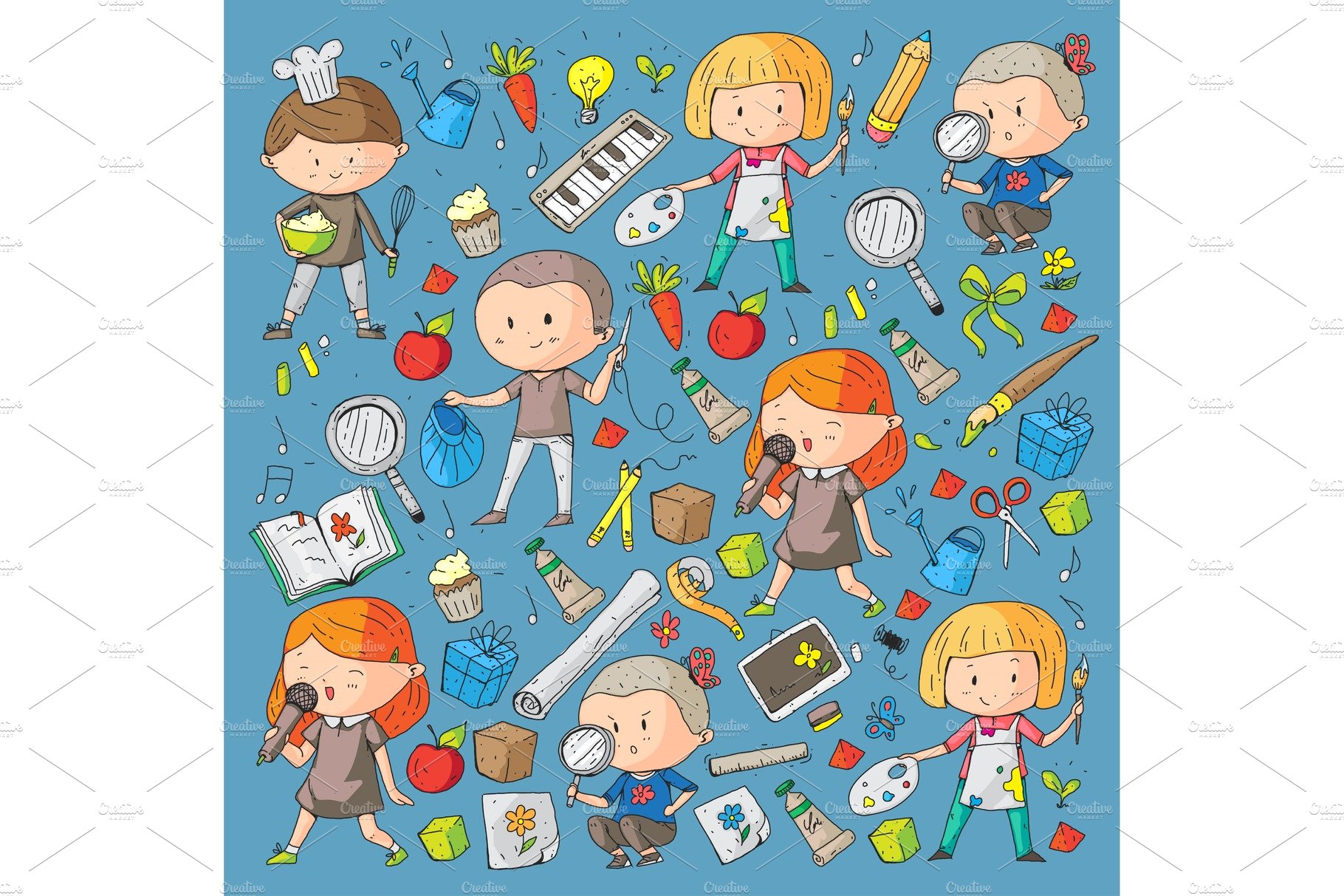 Children. School and kindergarten. Creativity and education. Music. Explora... cover image.