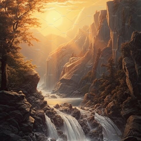 Beautiful vertical landscape with tall mountains, waterfall and a river. Ge... cover image.