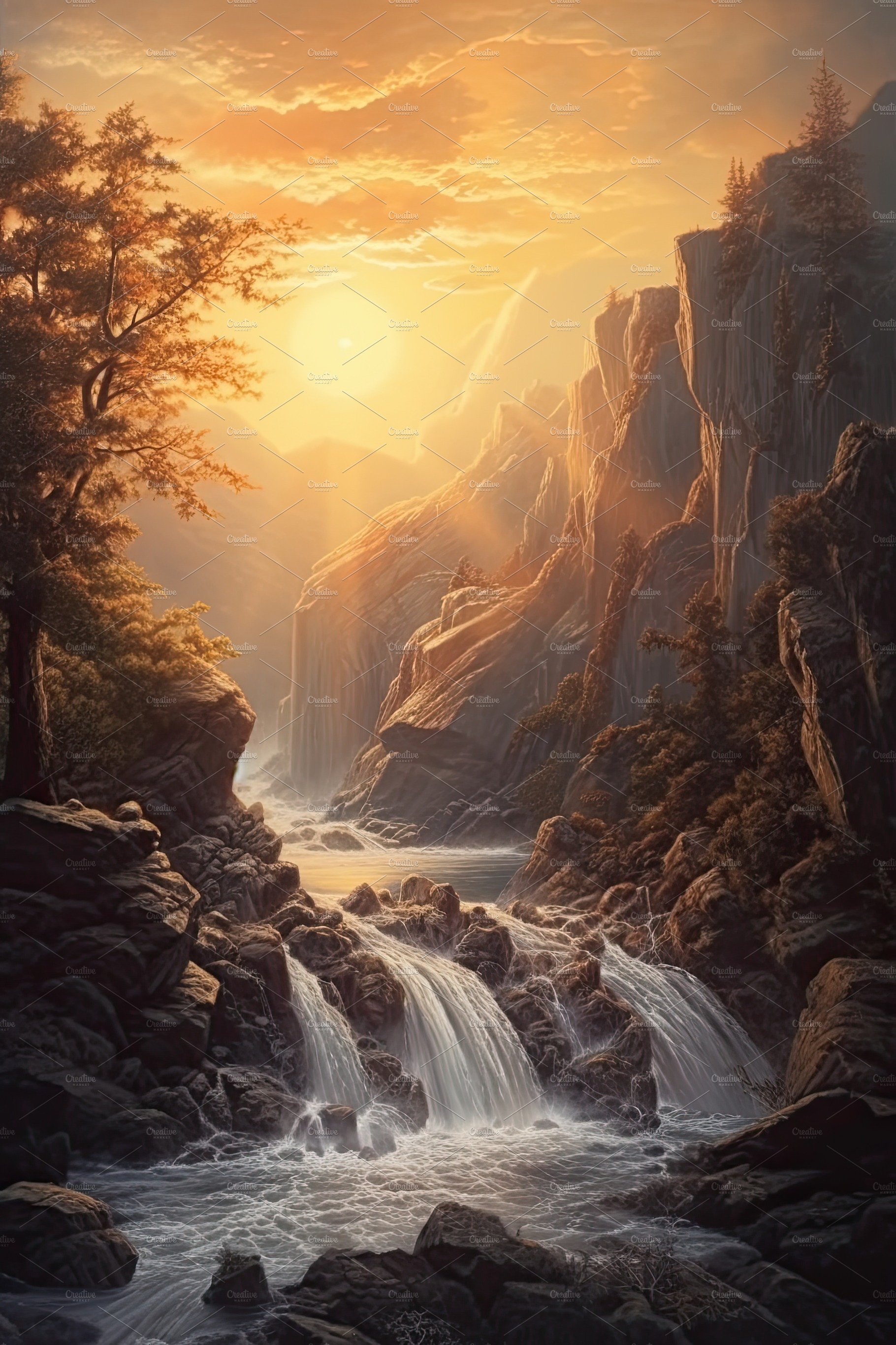 Beautiful vertical landscape with tall mountains, waterfall and a river. Ge... cover image.