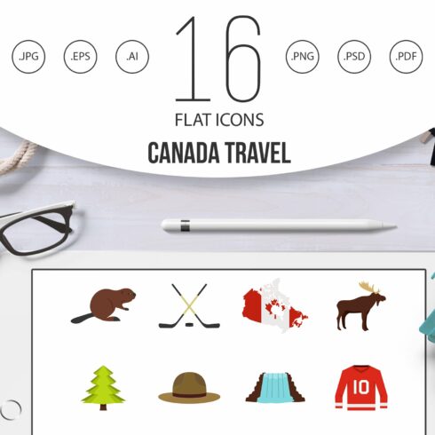 Canada travel icons set in flat cover image.