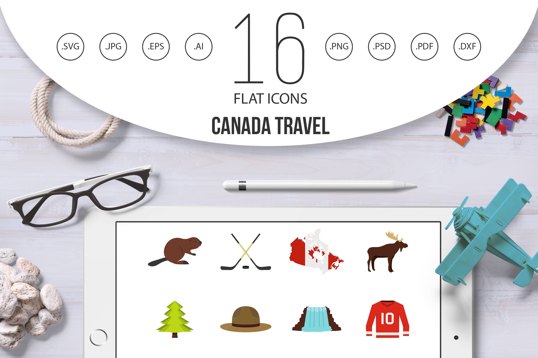 Canada travel icons set in flat cover image.