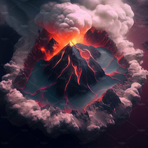 Top view of an active volcano with smoke clouds cover image.