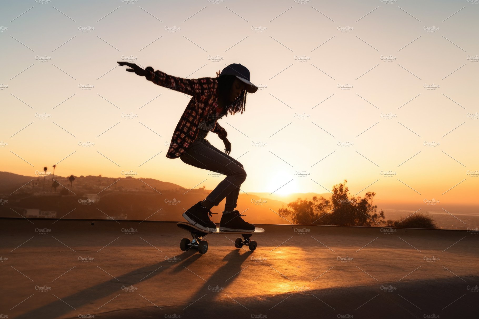 Young woman skateboarding at sunset cover image.