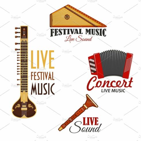 Musical instruments vector icons for music concert cover image.