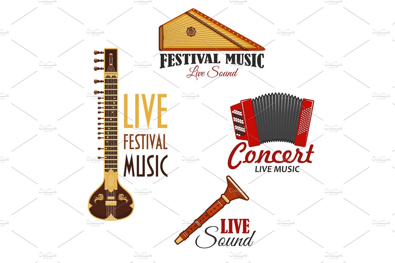 Musical instruments vector icons for music concert cover image.