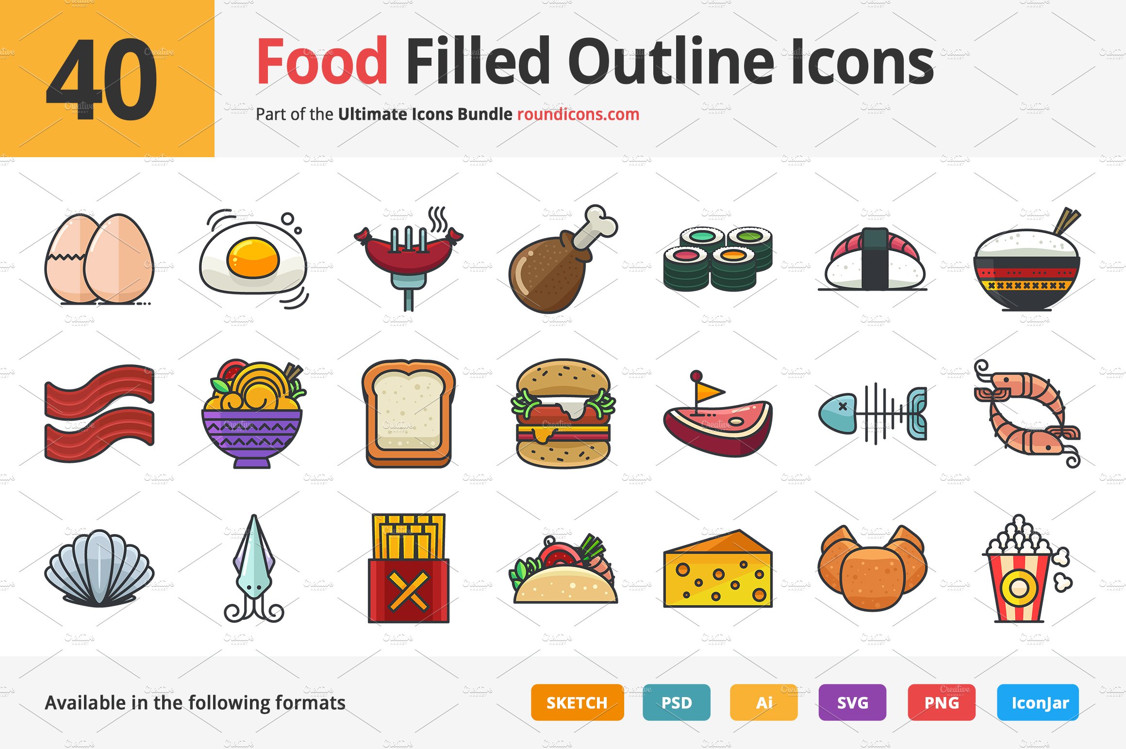 40 Food Filled Outline Icons cover image.