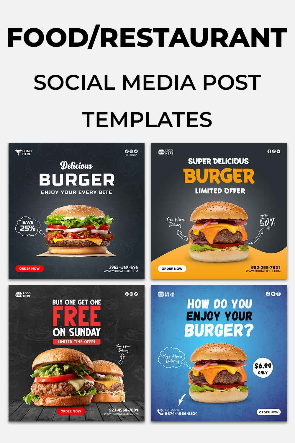 4 Delicious Burger Social Media Instagram Post Templates pinterest preview image.
