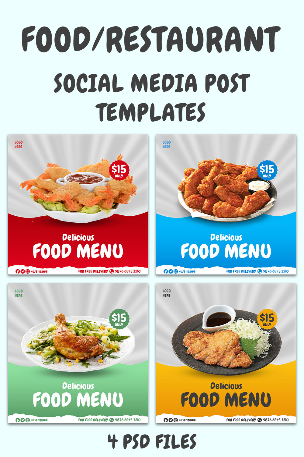 4 Delicious Food Menu Social Media Post Design Templates pinterest preview image.