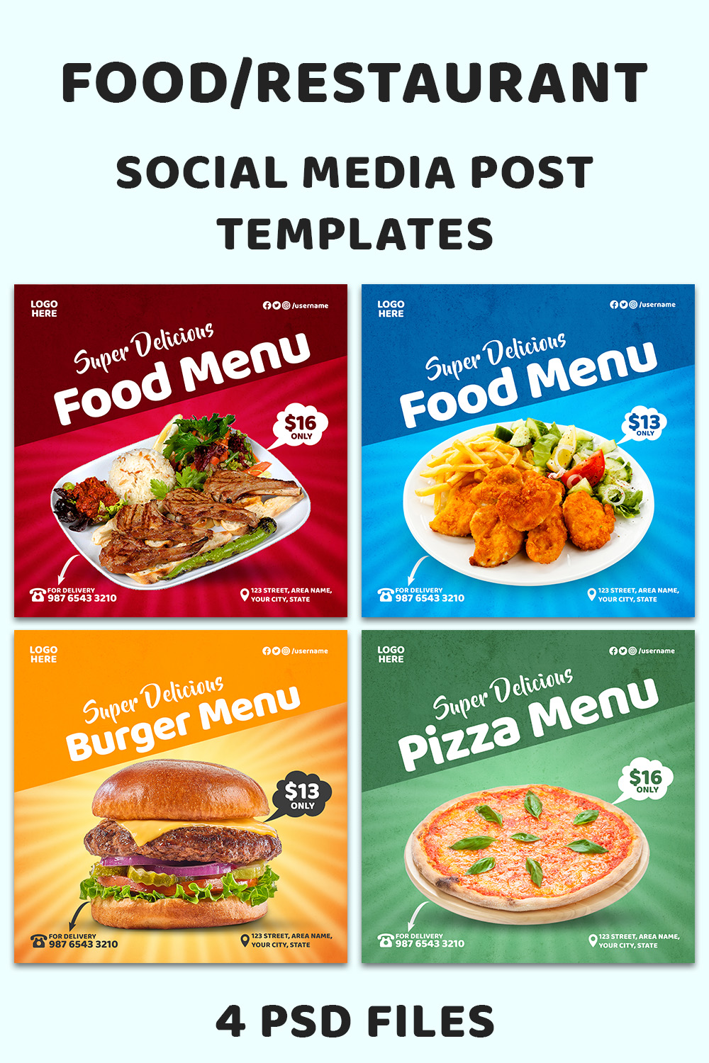 4 Food Menu Social Media Instagram Templates pinterest preview image.