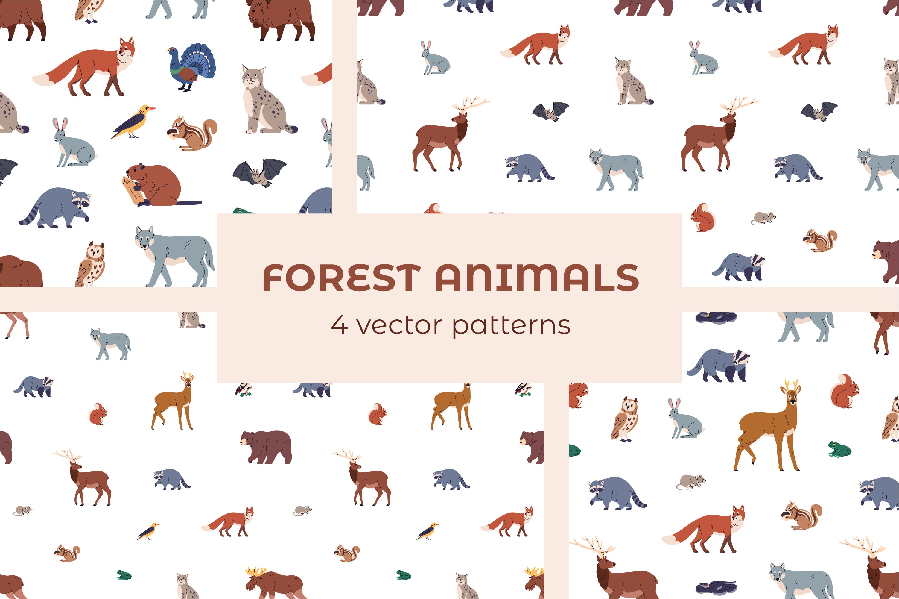 Forest animals seamless patterns set cover image.