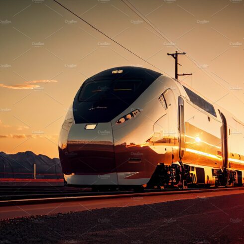 High speed train in motion at the railway station at sunset in Europe. Mode... cover image.