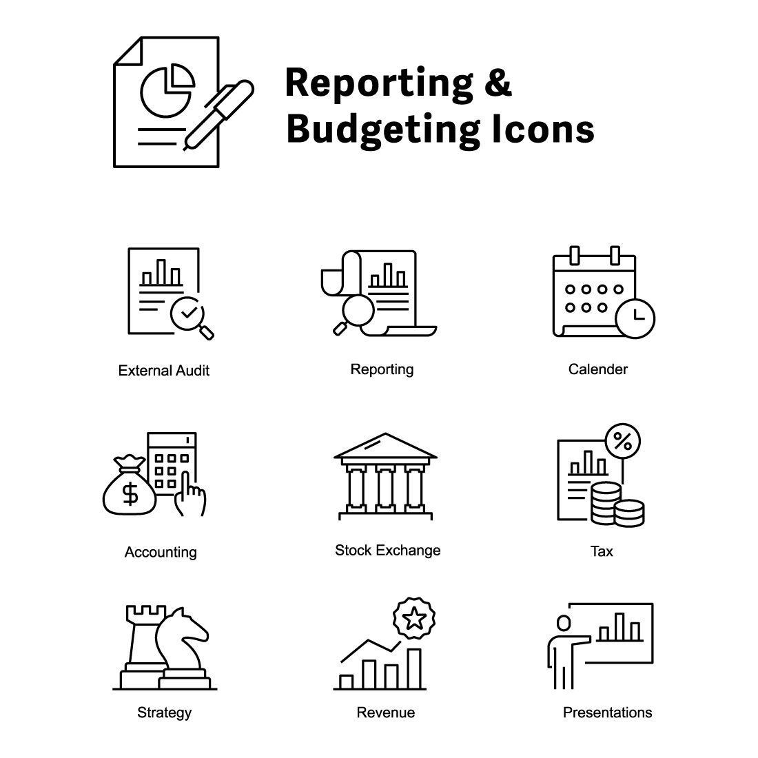 Financial Reporting & Budgeting Icons Vector Line Icons with Editable Stroke preview image.