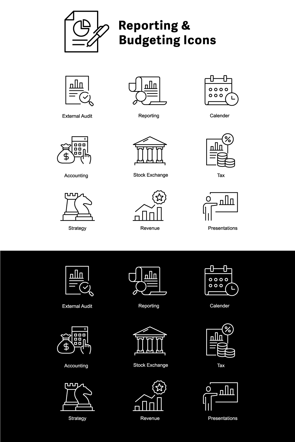 Financial Reporting & Budgeting Icons Vector Line Icons with Editable Stroke pinterest preview image.
