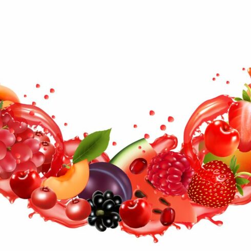 Fruit and berries in juice splash. cover image.