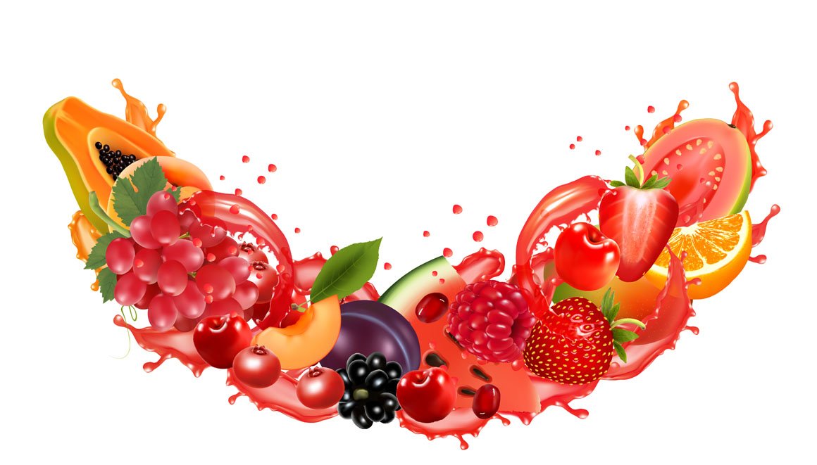 Fruit and berries in juice splash. cover image.
