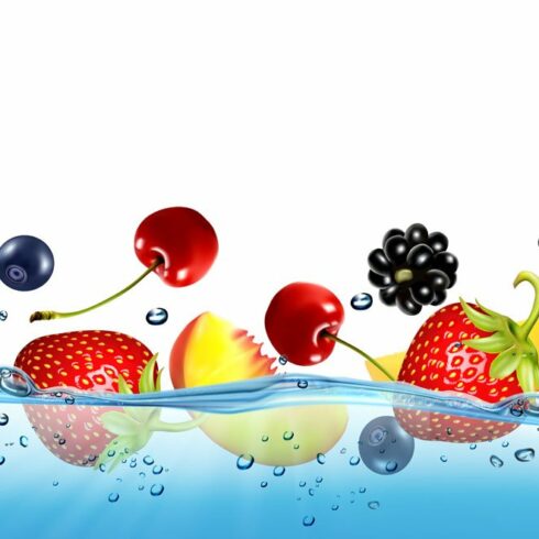 Fruit and berries splashing in water cover image.
