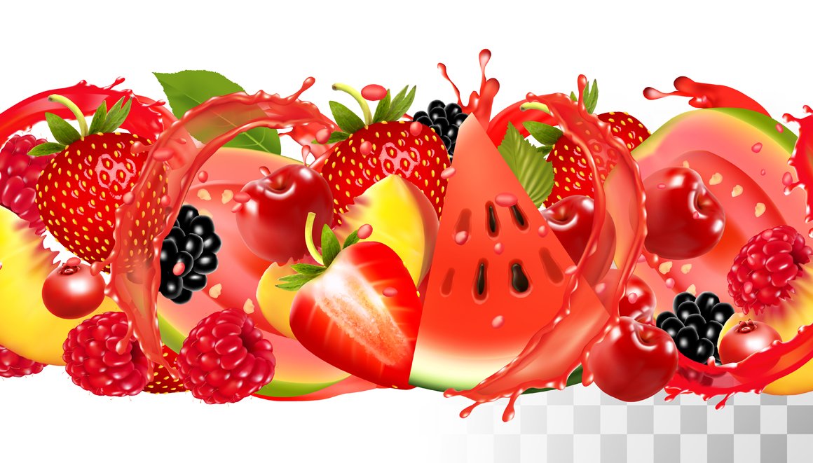 Fruit in juice splash panorama cover image.
