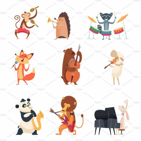 Animals with music instruments. Zoo cover image.